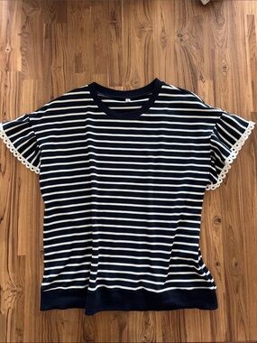 Striped Navy and White Short Sleeve Top with Lace Trim